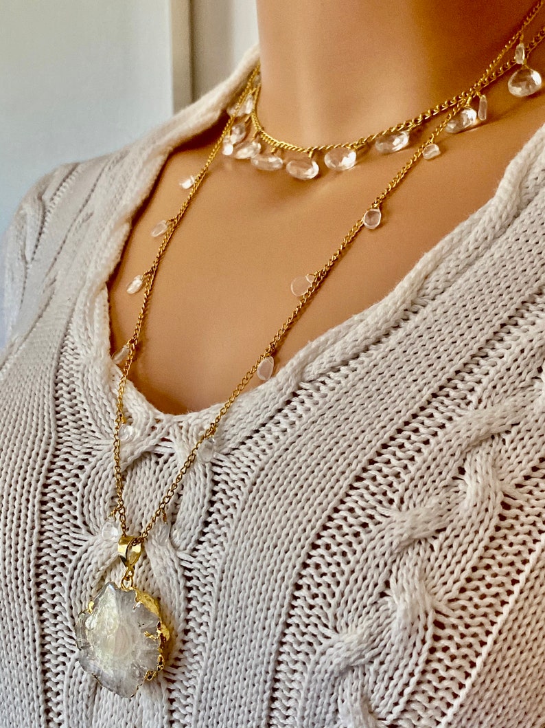 Solar Quartz; Clear Quartz Dangle Necklace; Quartz Stalactite ; Quartz Flower Jewelry Long Gold; Solar Quartz Slice