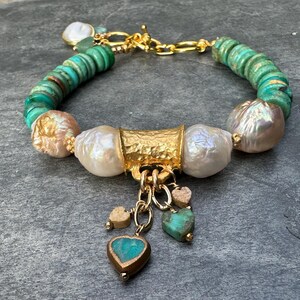 Bohemian Turquoise & Baroque Pearl Bracelet with Heart Charm - Adjustable Toggle Statement Piece