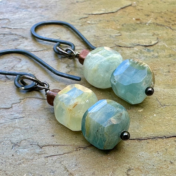 Blue Calcite Earrings, Oxidized Sterling Silver