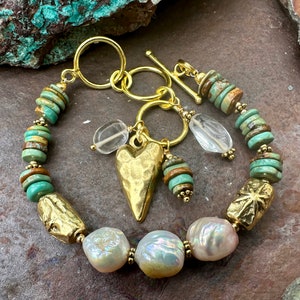 Bohemian Turquoise & Baroque Pearl Bracelet with Heart Charm - Adjustable Toggle Statement Jewelry