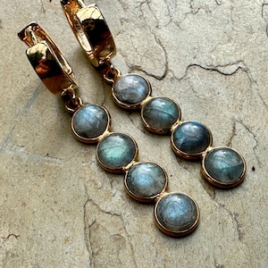 Labradorite Dangle Earrings; Gold Labradorite Hoop Earrings