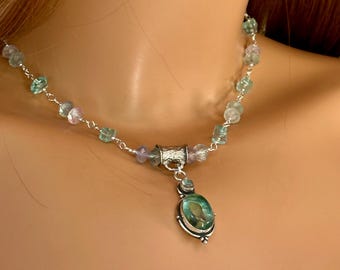 Sea Green Glass Pendant Necklace; Fluorite Necklace Sterling Silver