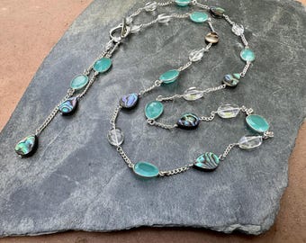 Aqua Chalcedony Necklace; Abalone Necklace; Chalcedony; Long Lariat Necklace; Ocean Necklace; Quarzt; Sea Jewelry