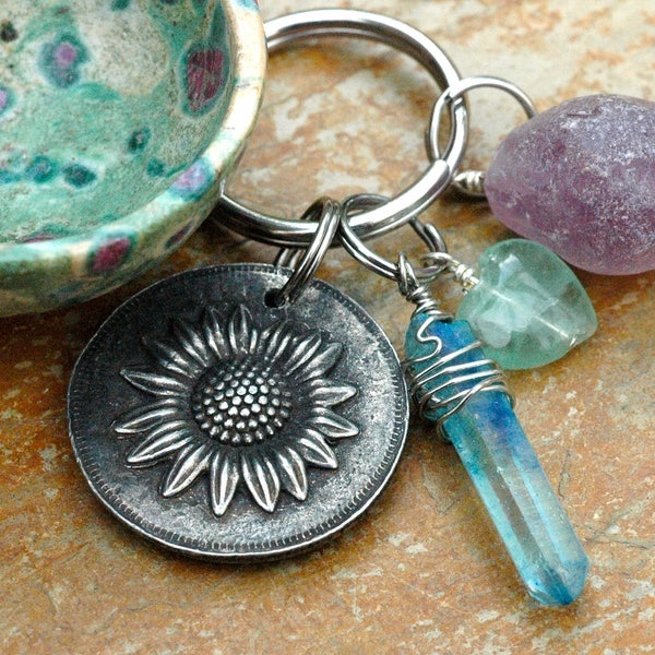 Sunflower Keychain; Amethyst Keychain; Quartz Point; Fluorite; Healing Stones; Gemstone Keychain; Wild And Free; Inspirational