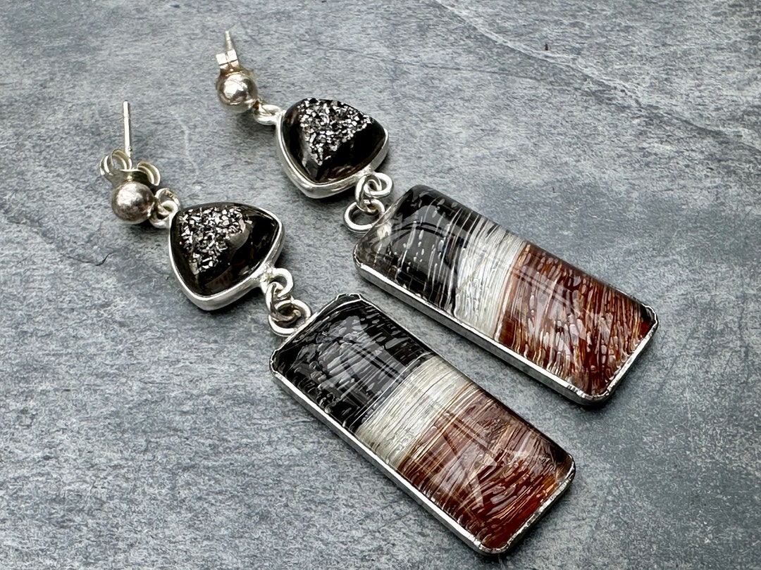 Sterling Silver Horse Hair Dangle Earrings With Druzy Connector - Etsy