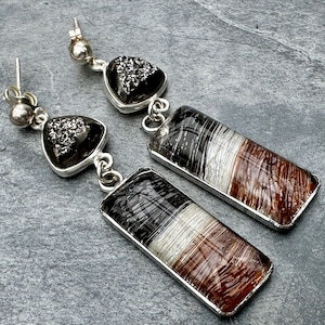 Sterling Silver Horse Hair Dangle Earrings with Druzy Connector