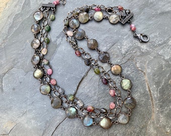 Triple LayerLabradorite Necklace; Layered Labradorite; Tourmaline Choker