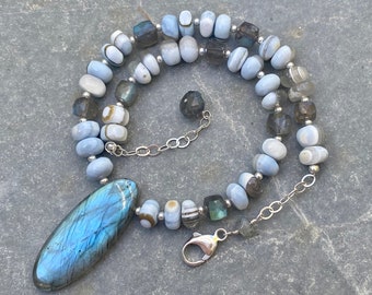 Blue Opal Necklace; Labradorite Pendant Necklace; Sterling Silver