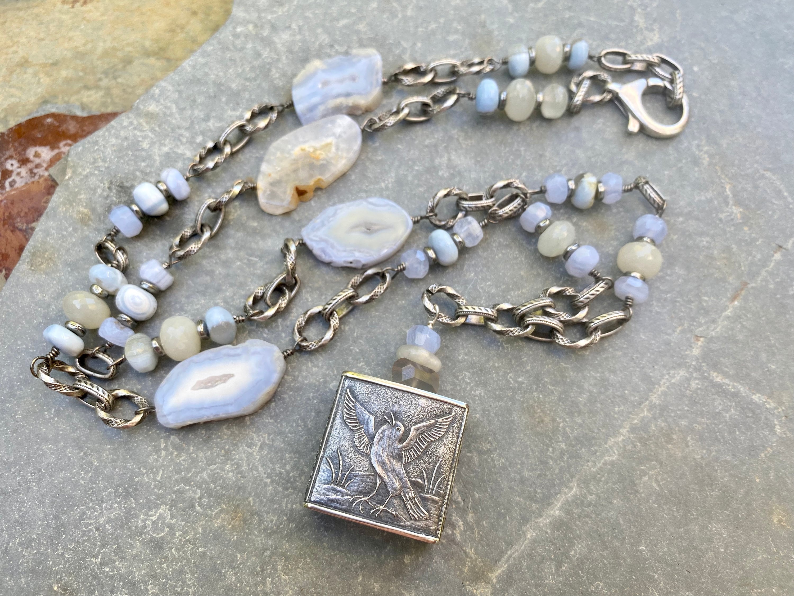 Anne Choi Necklace; Blue Lace Agate Necklace; Long Bird Gemstone Necklace