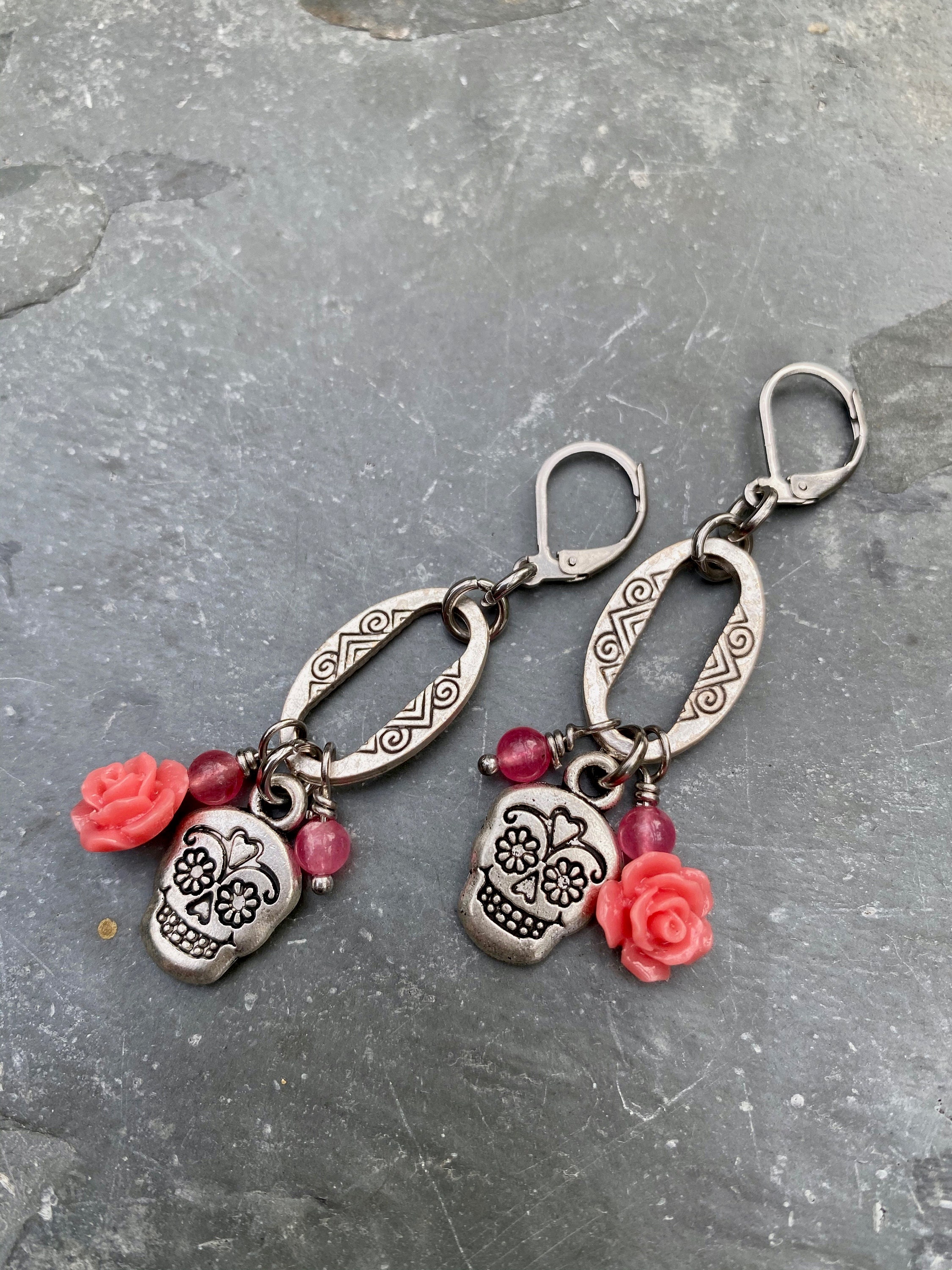 Day of the Dead Earrings Pink Rose Silver Sugar Skull | Etsy
