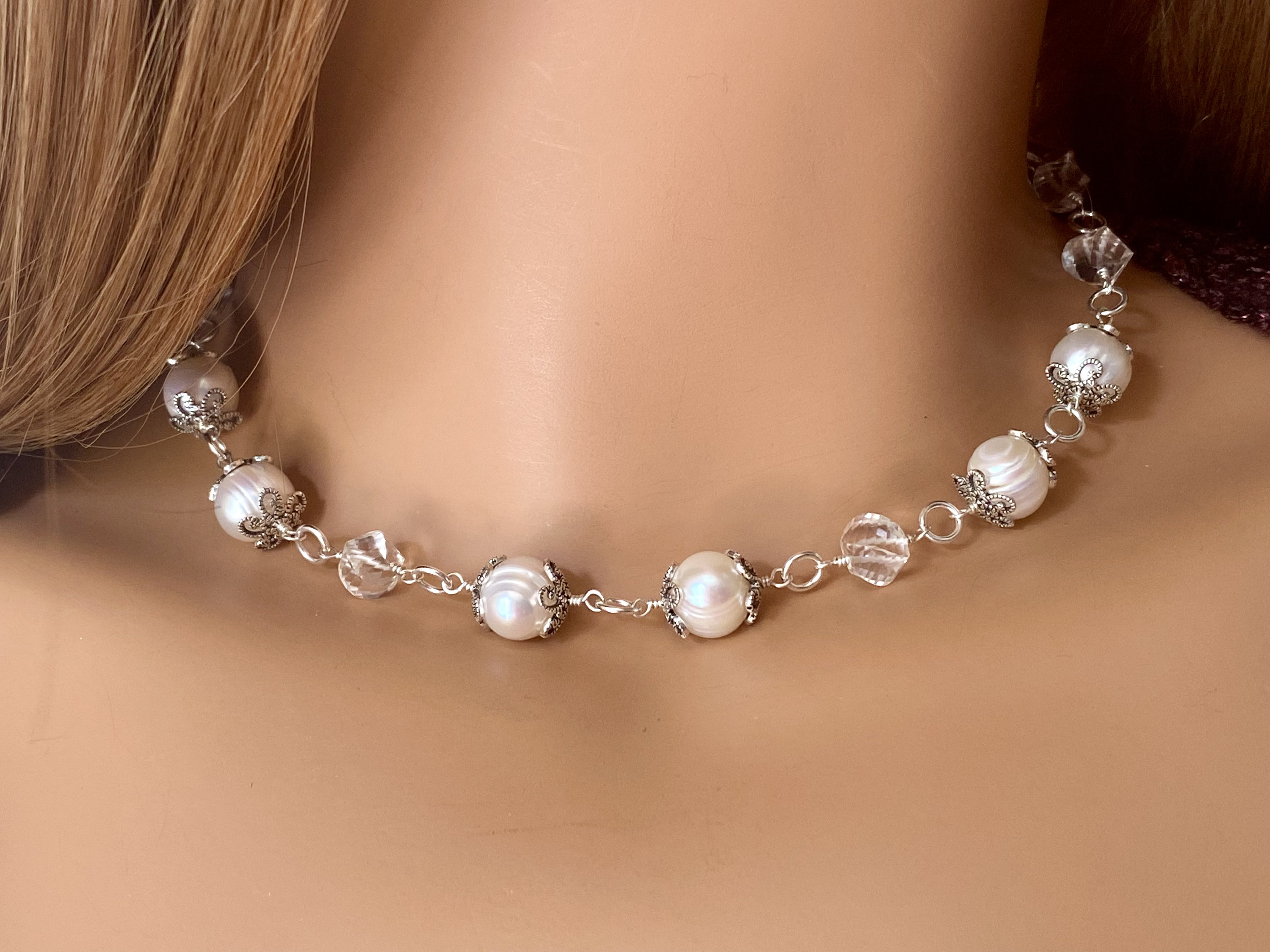 White Pearl Necklace Sterling Silver Freshwater Pearl Wire White Pearl Necklace Sterling Silver Freshwater Pearl Wire