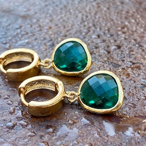 Emerald Green Crystal Earrings Gold; Short Drop Earrings; Thick Huggie Hoop Earring
