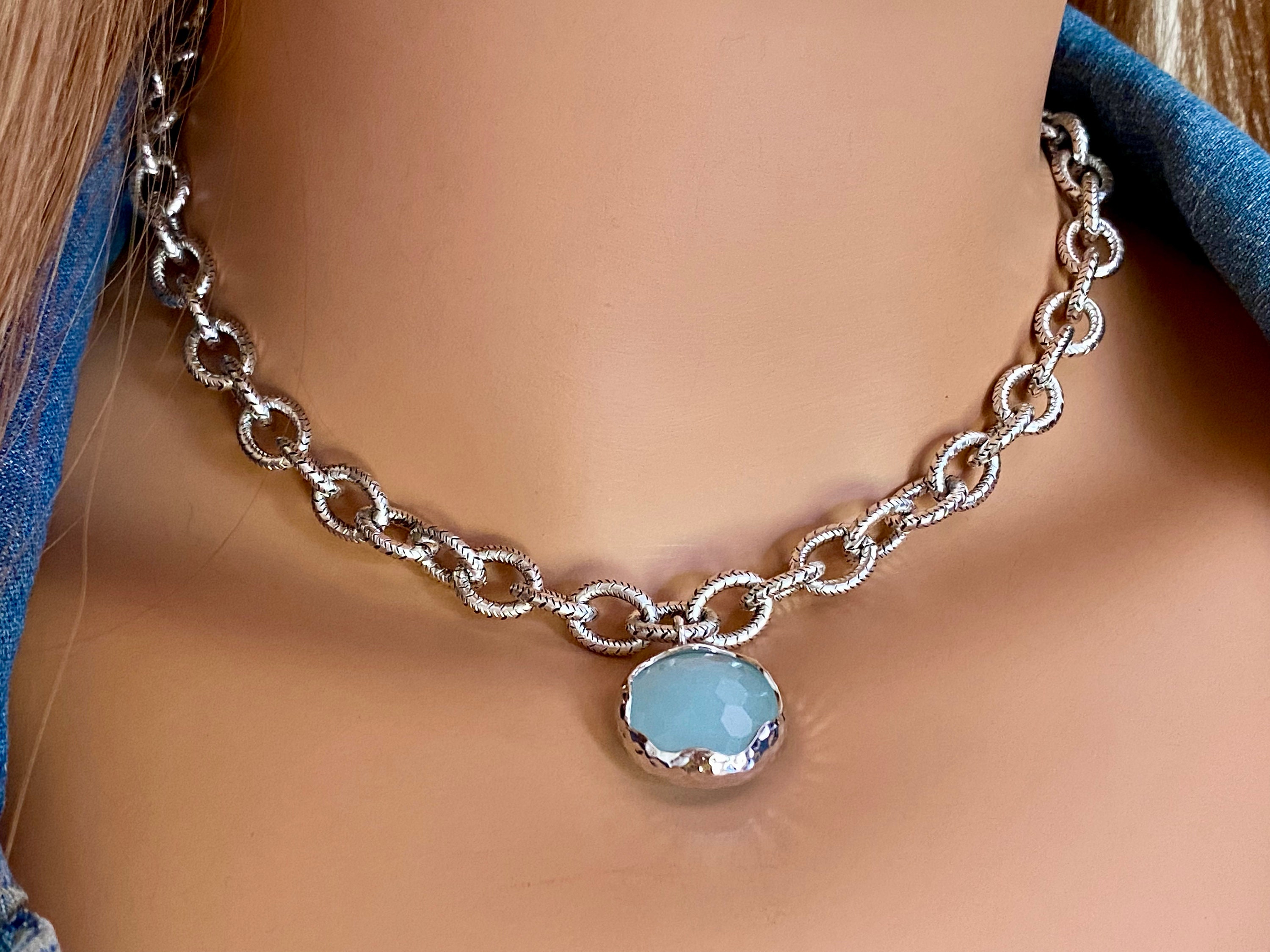 chunky silver necklace with 8 clear ice glass LV charms, classy