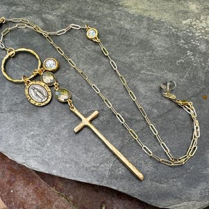 Gold Cross Pendant Necklace; Long Gold Cross Necklace; Mother Mary Necklace
