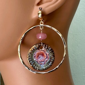 Flower Earrings; Ceramic Hoop Earrings