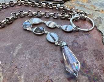 Boulder Opal Pendant Necklace; Long Lariat Necklace; Circle Lariat Necklace; Oxidized Lariat