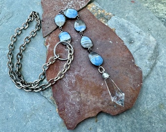 Boulder Opal Pendant Necklace; Long Lariat Necklace; Circle Lariat Necklace; Oxidized Lariat
