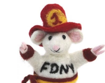 Essential Worker Celebrated with this Firefighter Mouse in a Wool & Alpaca Felted Miniature Figurine