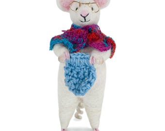 Granny Mouse Ornament – Handmade Needle Felted Alpaca Figurine with Shawl & Glasses