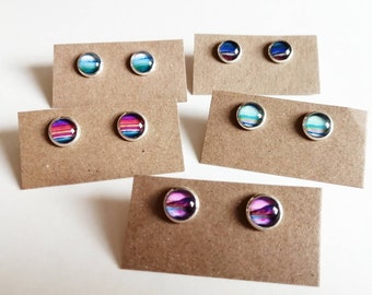 Seascape stud earrings 8mm | Scottish seascapes | artist made | printed jewellery | Ailleagan Art