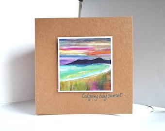 Calgary bay sunset card | isle of Mull | handmade card |Scottish seascape | Ailleagan Art | Miriam Emerton | Scottish artist | eco card