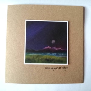 Cartão feito à mão Moonlight on Skye | Cartão ecológico | Cartão reciclado | Artista escocês | Cartão com impressão de paisagem | Miriam Emerton | Ailleagan Art