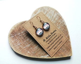 St Kilda sunrise earrings | rose gold plated drop hook | Sallochy, Loch lomond also available | Miriam Emerton | printed jewellery