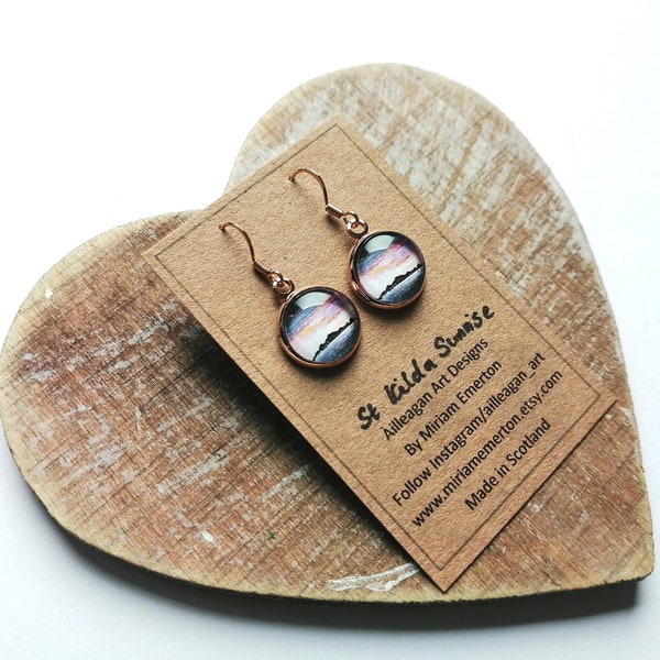 St Kilda sunrise earrings | rose gold plated drop hook | Sallochy, Loch lomond also available | Miriam Emerton | printed jewellery