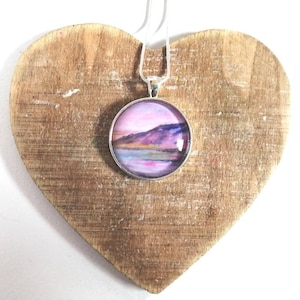 Isle of Arran glass pendant | Kildonan Bay | silver necklace | Scottish seascape | purple pendant | ailleagan art | Miriam Emerton | artist