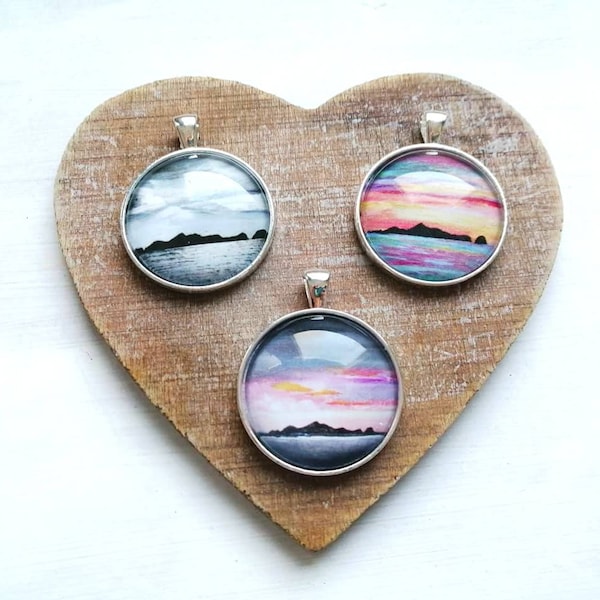 St Kilda pendants | choice of 3 different print designs | St Kilda skies | St Kilda sunset | St Kilda sunrise | Scottish Seascape jewellery