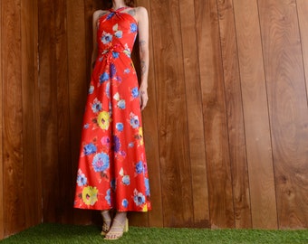 key hole halter 70s maxi dress