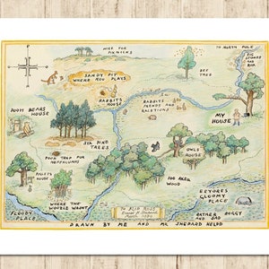 Kaart van honderd hectare Winnie de Poeh 100 hectare bos Winnie de Pooh honderd hectare houten kaart Winnie de Pooh afdrukbare kinderkamerinrichting downloaden