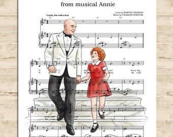 アニーのポスター、オリバー・ダディ・ウォーバックスとアニー、ニューヨークの楽譜アートプリント、子供部屋の壁飾り、印刷可能なダウンロード