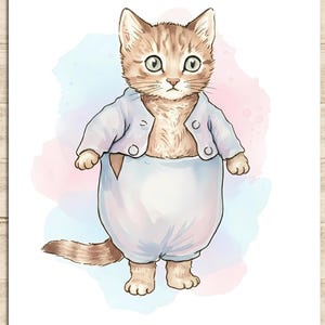 Póster de acuarela de gatito Tom, estampado de gato, personaje de Beatrix Potter, Peter Rabbit, decoración de pared infantil para habitación infantil, descarga imprimible
