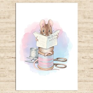 May include: Watercolor illustration of a mouse wearing glasses, reading a newspaper titled "The Tailor and Culture." The mouse is perched atop a spool of thread, with scissors and a thimble nearby. Soft pastel background.