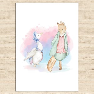 May include: Watercolor illustration featuring a goose and a fox in clothing. The goose wears a blue bonnet and bow, while the fox is dressed in a green coat and pink vest. Soft pastel colors create a whimsical scene.