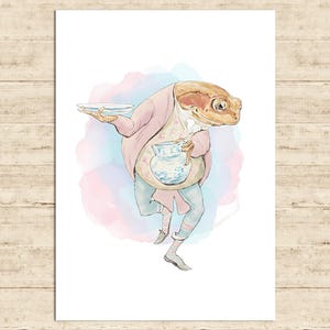 May include: Watercolor illustration of a frog dressed in a pink coat and striped pants, carrying a plate and a pitcher. The frog has a light brown head and is set against a pastel watercolor background. The artwork has a whimsical, storybook feel.