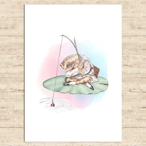 May include: Watercolor illustration of a frog fishing. The frog, dressed in a white outfit, sits on a lily pad, holding a fishing rod. The background features soft pink and blue watercolor washes, with ripples in the water.
