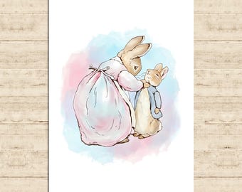 Peter Rabbit Poster Beatrix Potter Character Peter Rabbit and Mom Watercolor Print Vintage Nursery Kids Wall Art Decor Printable Download
