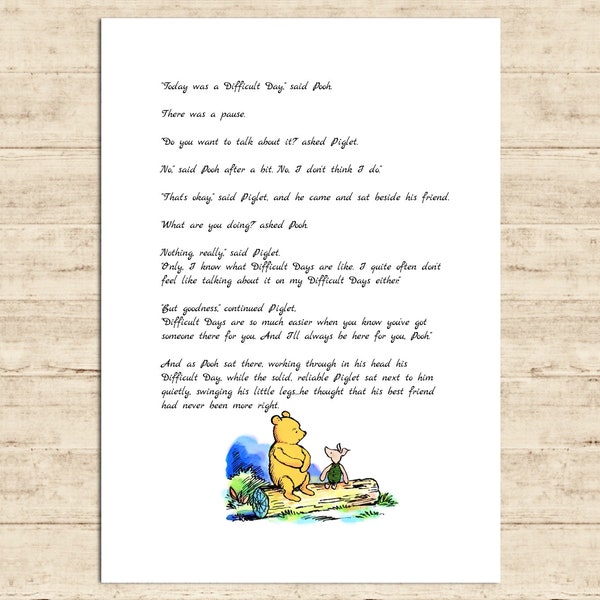 Today was a difficult day, said Pooh...Do you want to talk about it? asked Piglet... Winnie the Pooh Quote Printable Art Wall Decor Download