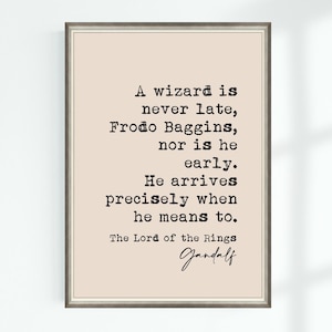 May include: A beige printable quote poster with black text that reads "A wizard is never late, Frodo Baggins, nor is he early. He arrives precisely when he means to. The Lord of the Rings Gandalf".