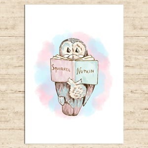 May include: Watercolor illustration of an owl reading a book titled "Squirrel Nutkin." The owl is depicted in shades of brown, blue, and white, with a soft pink and blue watercolor background. The book is open, with the title visible.