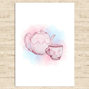 Può includere: Illustrazione ad acquerello di un servizio da tè rosa, tra cui una teiera e una tazza. La teiera ha un design decorativo e la tazza presenta un motivo floreale. Lo sfondo ha un morbido lavaggio ad acquerello rosa e blu.