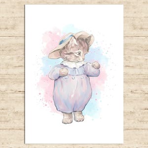 May include: Watercolor illustration of a kitten wearing a light blue outfit and a matching hat with a blue ribbon. The kitten is standing in front of a soft pink and blue watercolor background. The artwork has a whimsical, storybook feel.