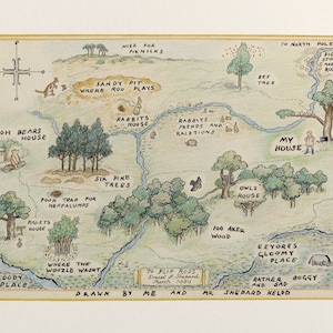 Carte en bois de 100 acres de Winnie l'ourson Carte en bois de 100 acres de Winnie l'ourson, affiche classique vintage 8 x 10 pour chambre de bébé, 1350