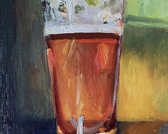 Glass Pint of IPA Beer original art oil painting. Still life artwork ideal for a gift or the home.