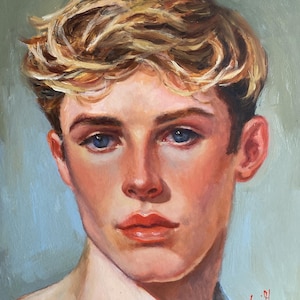 Original oil painting Young Blond Man Portrait, Framed Wall Art.