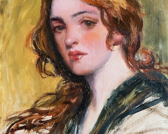 赤いスカーフを巻いた女性の肖像画（オリジナル油絵）9x12インチ