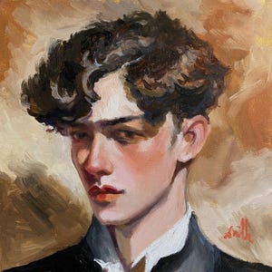 Original oil painting Young Dark Haired Man Edwardian Style Portrait, Framed.