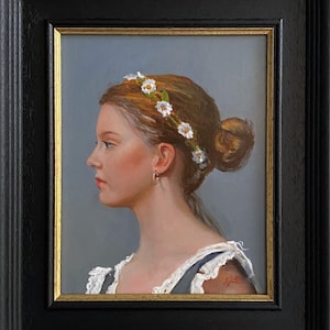 Original oil painting Young Woman with Daisies Contemporary Style Portrait, Framed.